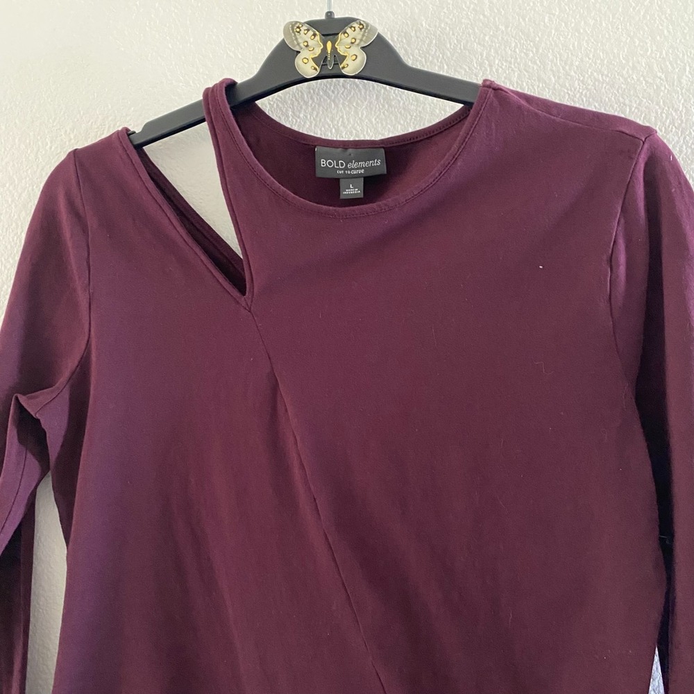 BOLD ELEMENTS Burgundy ‎ Cold Shoulder Jersey Long Sleeve Tee Sz L Cotton - Picture 4 of 9
